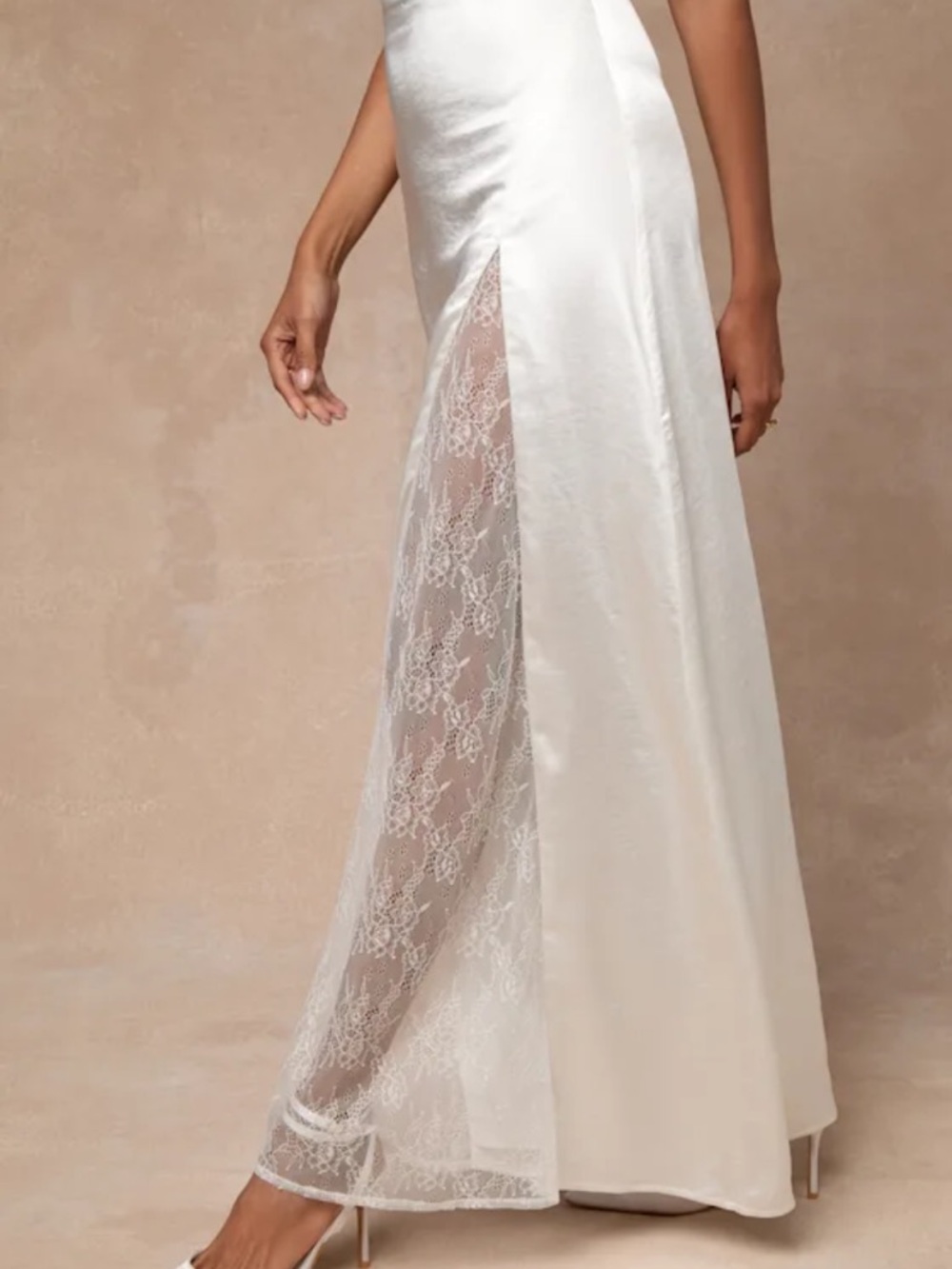 New Lulus Concetta Ivory Satin Elegant Halter Gown With Lace Panel Sz Medium - Picture 4 of 10